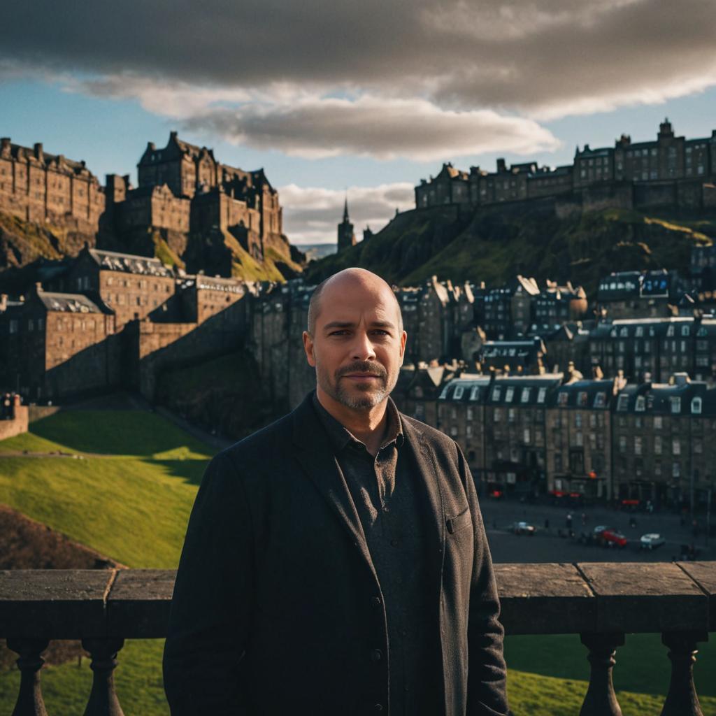 Man in front of Edinburgh Castle with cityscape