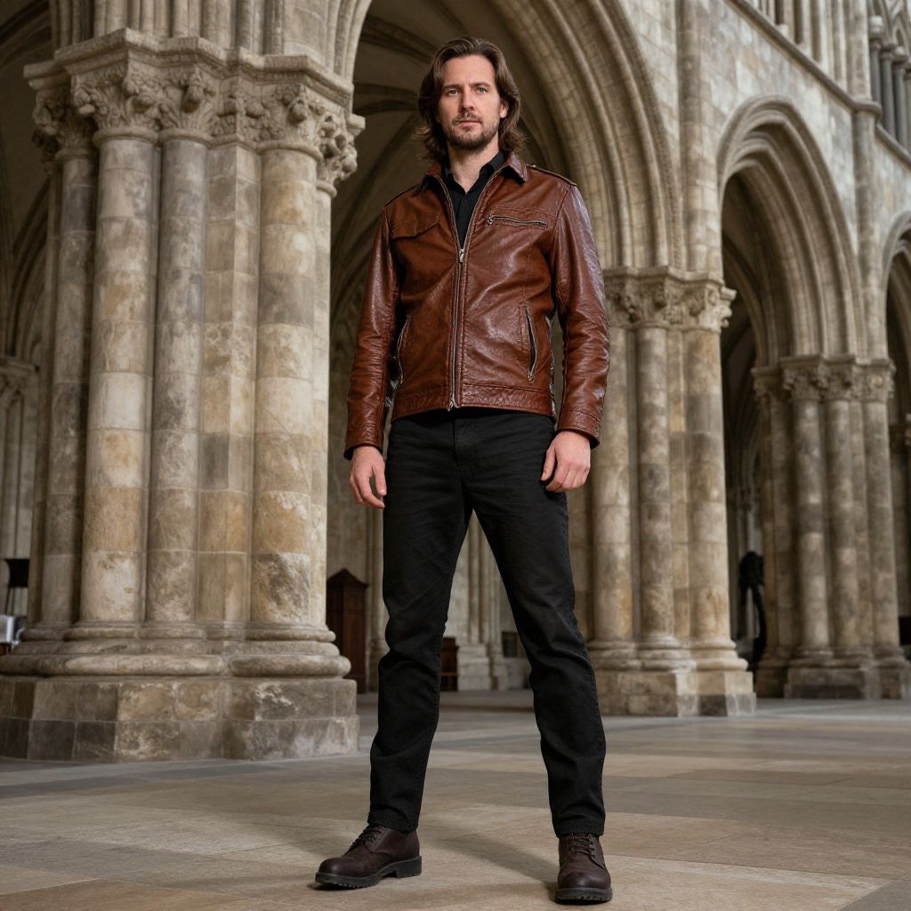 Man Wearing Brown Leather Jacket Standing in Historic Stone Archway