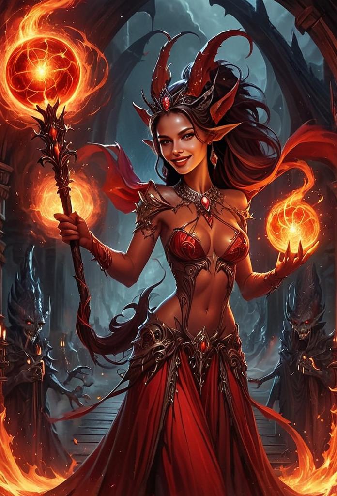 Fantasy Sorceress with Fiery Magic in Gothic Dark Fantasy Artwork