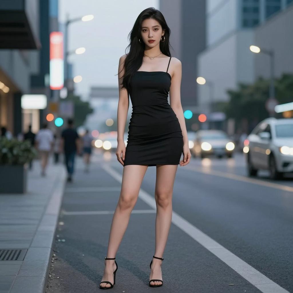 Confident Woman in Black Dress on City Street - Gen Z Urban Fashion