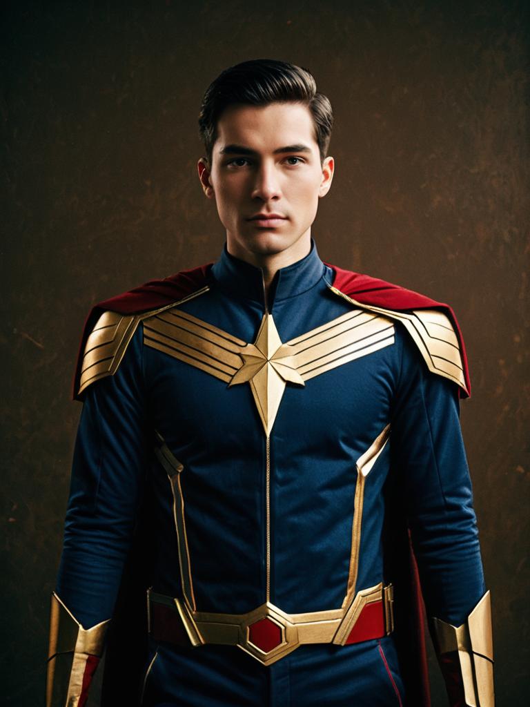 Man in Dick Simmons Cosplay Costume with Gold Armor and Red Cape