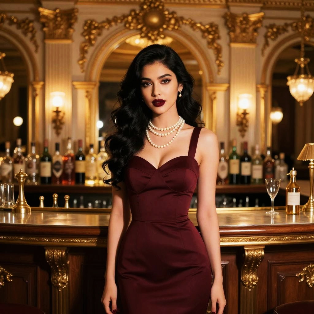 Elegant Woman in Burgundy Dress with Pearl Jewelry in Luxurious Bar