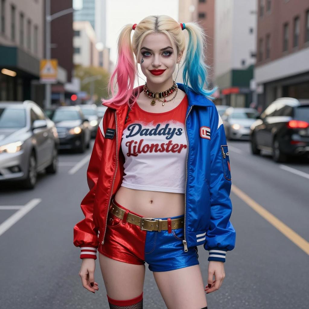 Harley Quinn Cosplay Woman in Urban Street Fashion