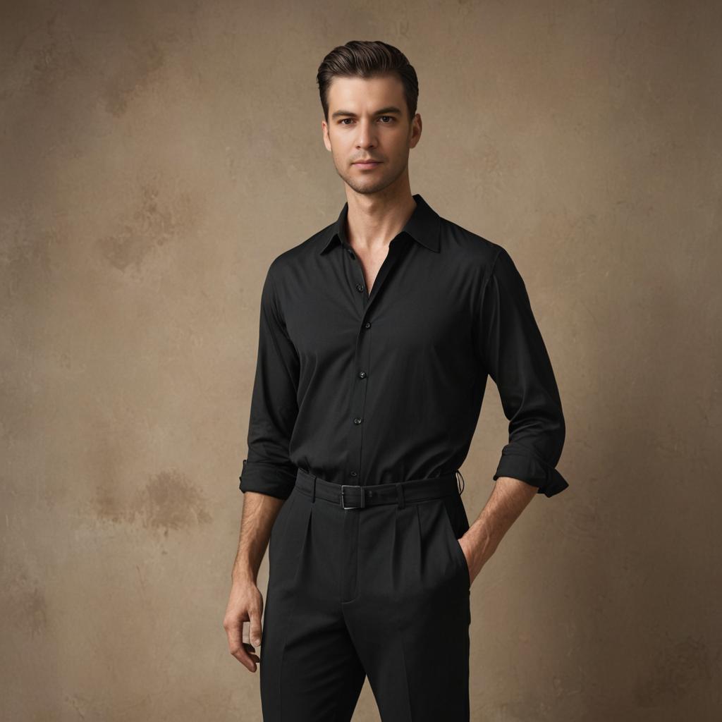 Confident Man in Black Shirt Against Beige Backdrop