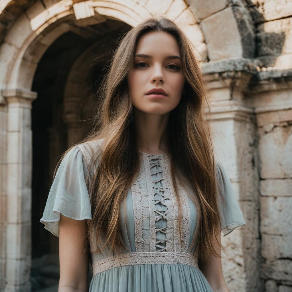 Young Woman in Vintage Blue Dress by Ancient Stone Archway