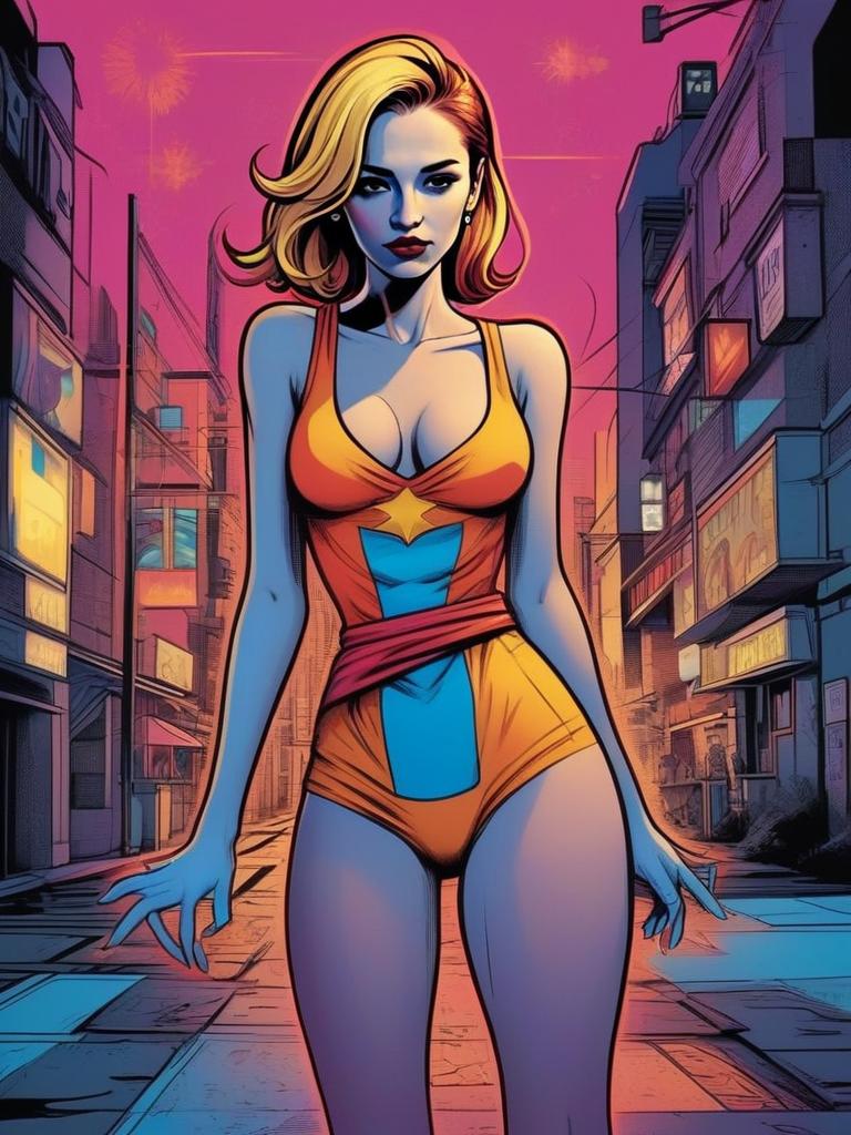 Confident Woman in Vibrant Costume Against Urban Backdrop