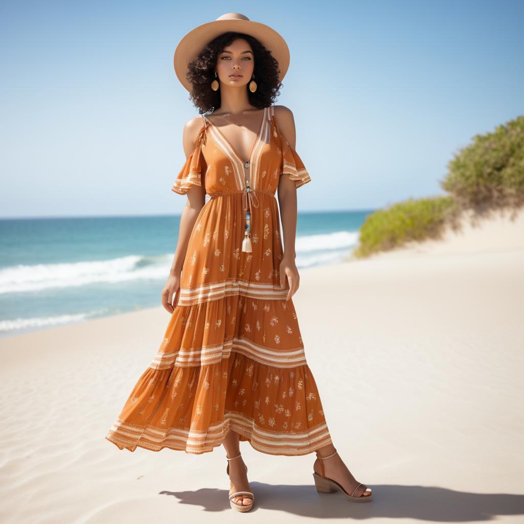 Woman in Orange Maxi Dress on Beach