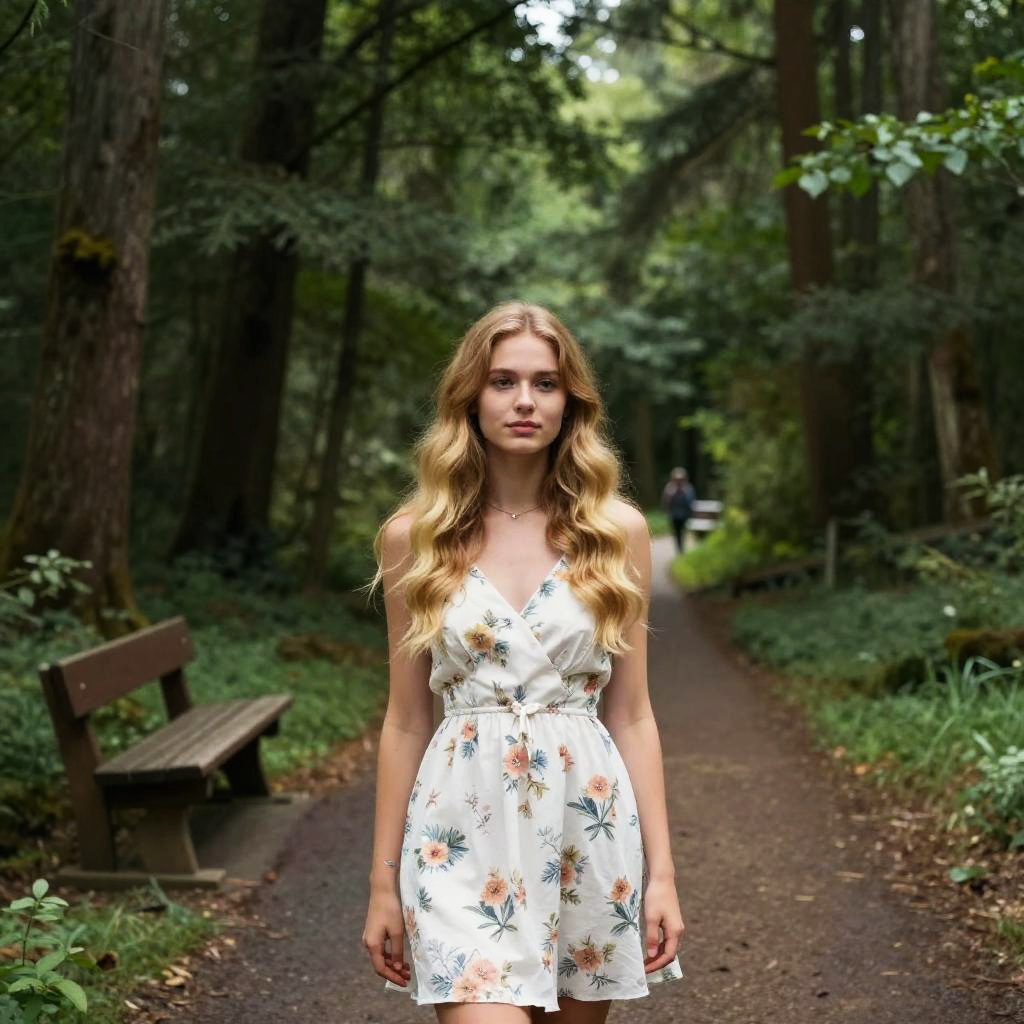 Young Woman Walking on Forest Path in Floral Dress
