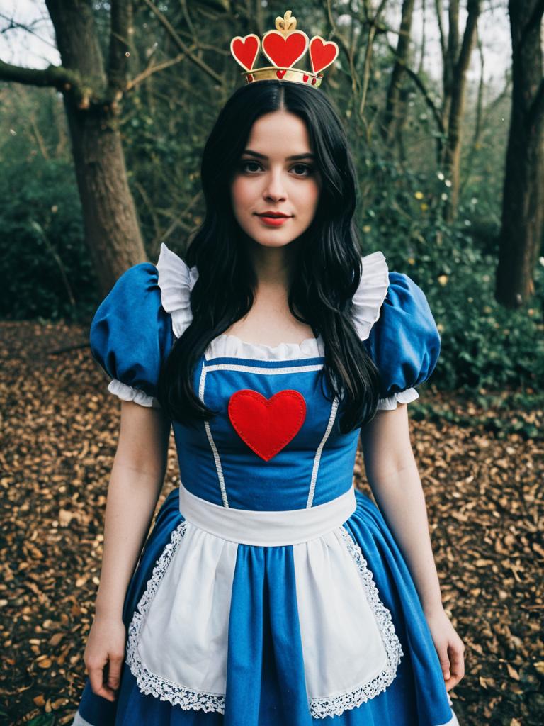 Woman in King of Hearts Costume with Blue Dress and Crown in Forest