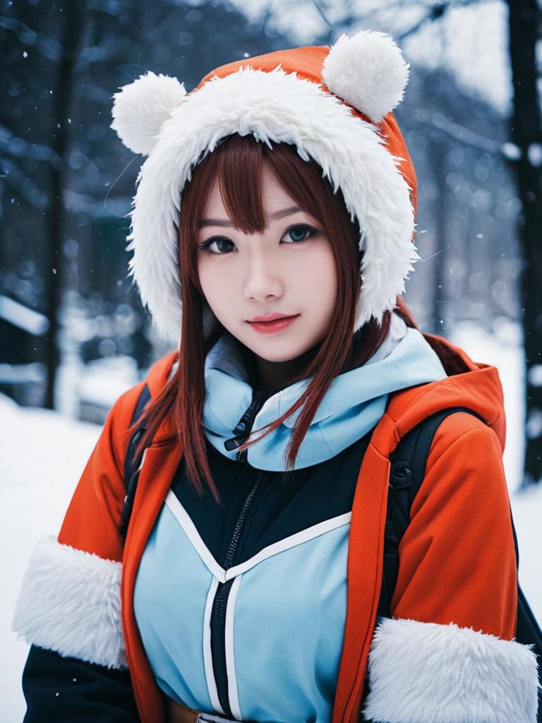 Photorealistic Anime Uraraka Winter Cosplay Portrait of Woman in Snow