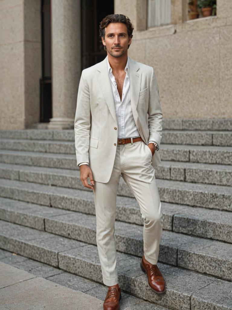 Man in Beige Suit on Stone Stairs