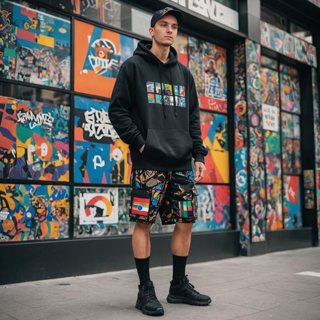 Stylish man in urban fashion against graffiti mural