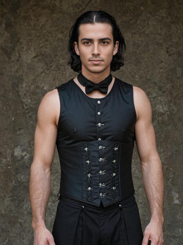 Confident Man in Black Corset and Bowtie