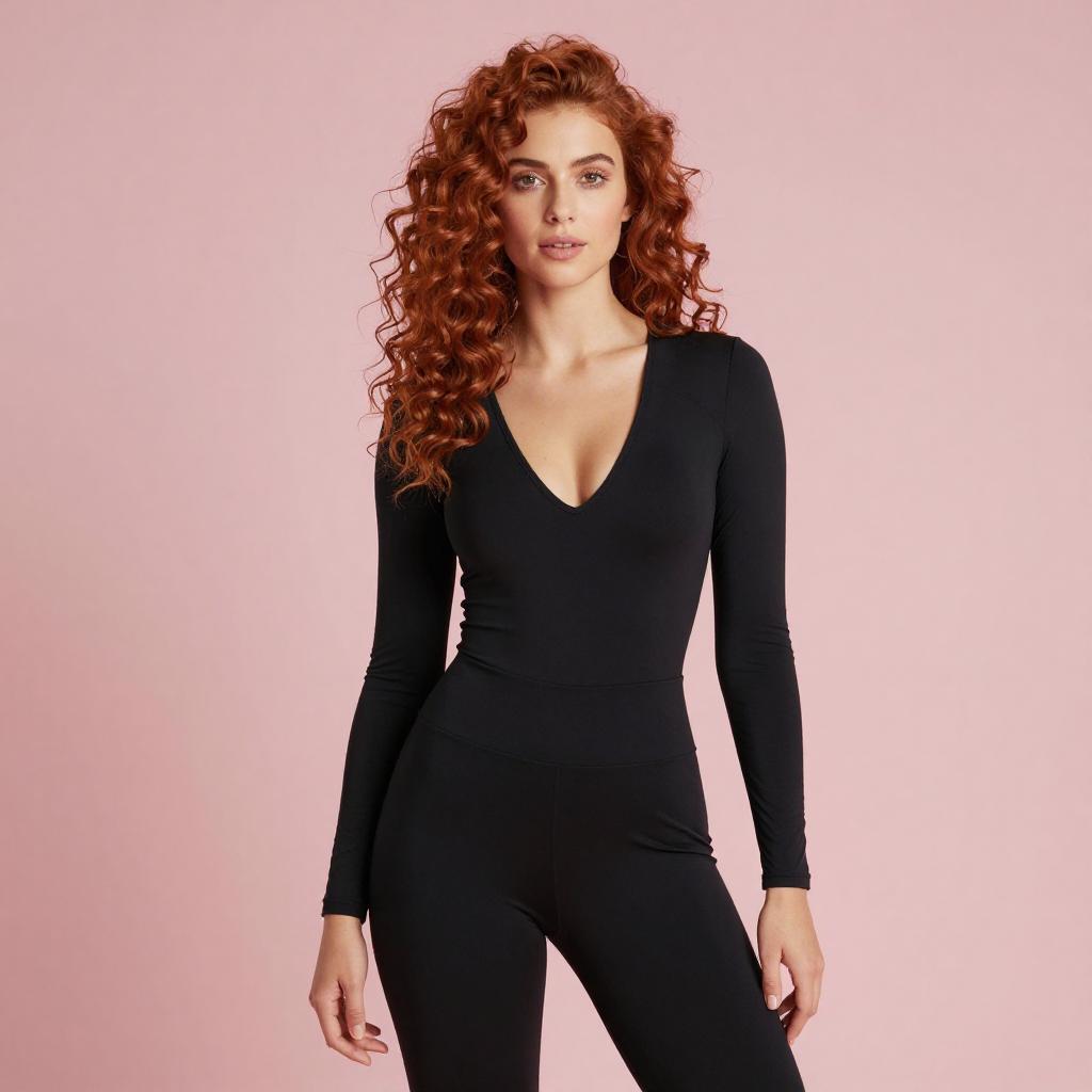 Confident Woman in Black Bodysuit with Curly Red Hair on Pink Background
