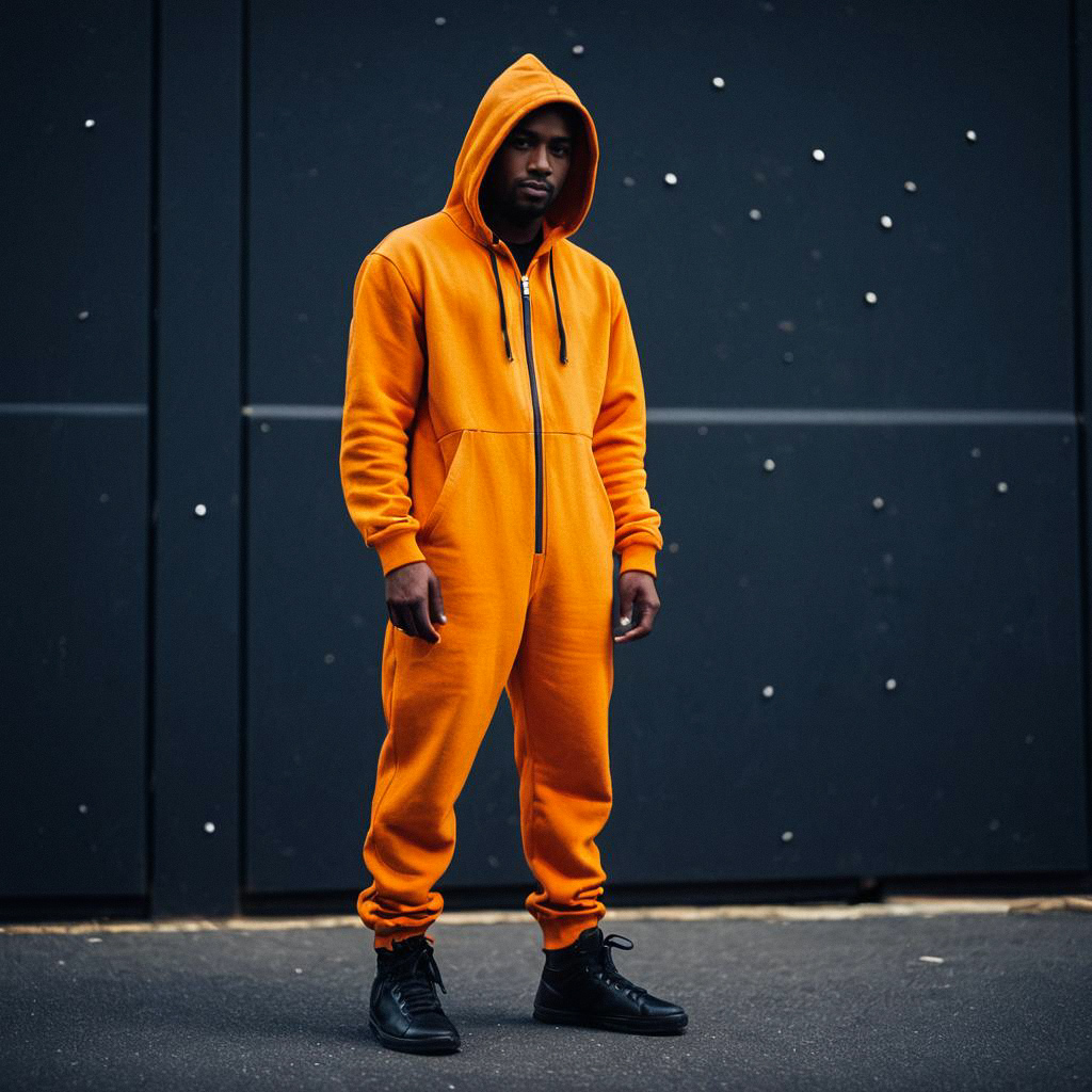 Man in Orange Hooded Jumpsuit in Urban Setting