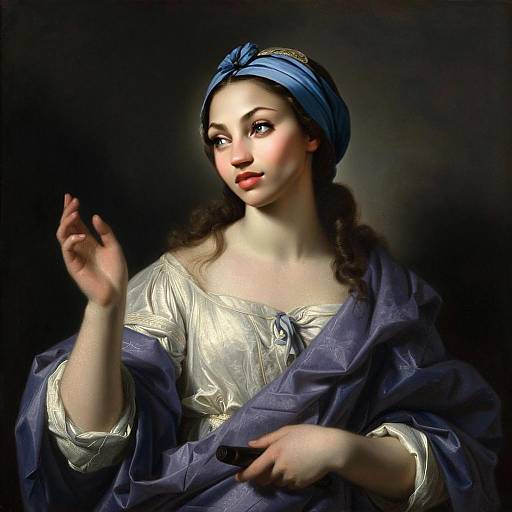 Renaissance Style Portrait of Woman in Blue Robe and Headscarf