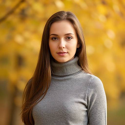 Portrait of Woman in Gray Turtleneck Sweater with Autumn Leaves Background