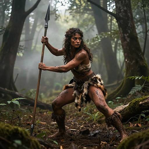 Primitive Warrior Woman with Spear in Misty Forest