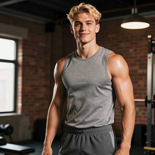 Young Fit Man Working Out in Gym Wearing Grey Sleeveless Shirt
