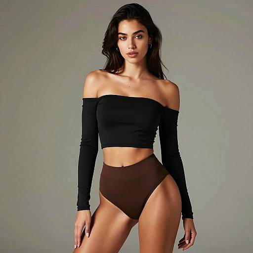 Young Woman in Black Off-Shoulder Crop Top and Brown High-Waisted Bottoms