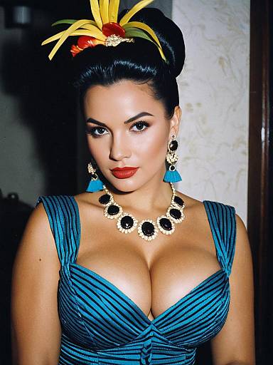 Glamorous Woman in Carmen Miranda Costume with Blue Dress and Statement Jewelry