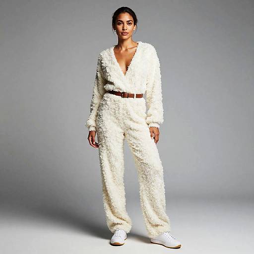 Woman in Cozy Cream Fuzzy Jumpsuit with Brown Belt and White Sneakers