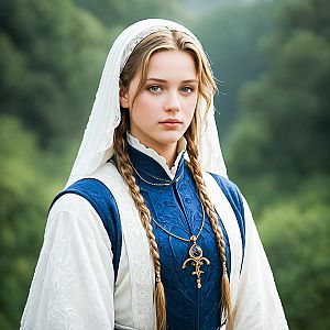 Young Woman in Traditional Attire with Blue Dress and White Headscarf