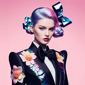 Elegant model with pastel hair in floral tuxedo