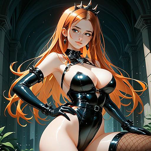 Anime Woman in Black Latex Outfit and Crown Digital Illustration