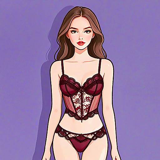 Elegant Woman in Burgundy Lace Bustier and Lingerie Illustration