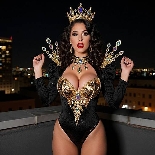 Glamorous Woman in Black and Gold Regal Costume with Crown at Night
