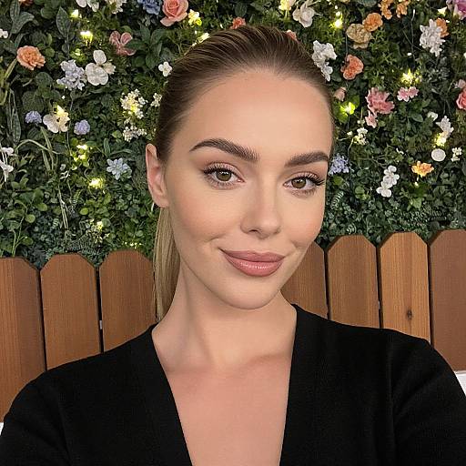 Confident Young Woman Posing in Front of Floral Wall with Fairy Lights