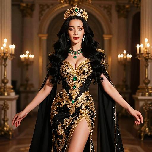 Elegant Woman in Baroque Black and Gold Gown with Emerald Jewelry and Crown