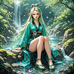 Elegant Woman by Forest Stream with Butterflies