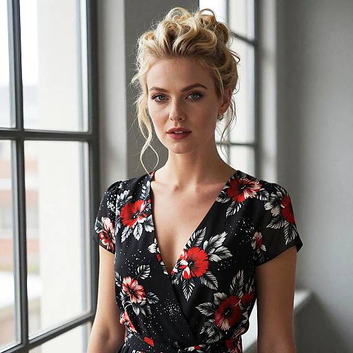Elegant Blonde Woman in Black Floral Dress by Window