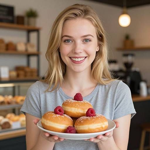 Smiling Woman Holding Plate of Raspberry Topped Doughnuts in Bakery