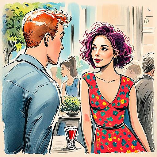 Comic Style Illustration of Man and Woman at Social Gathering