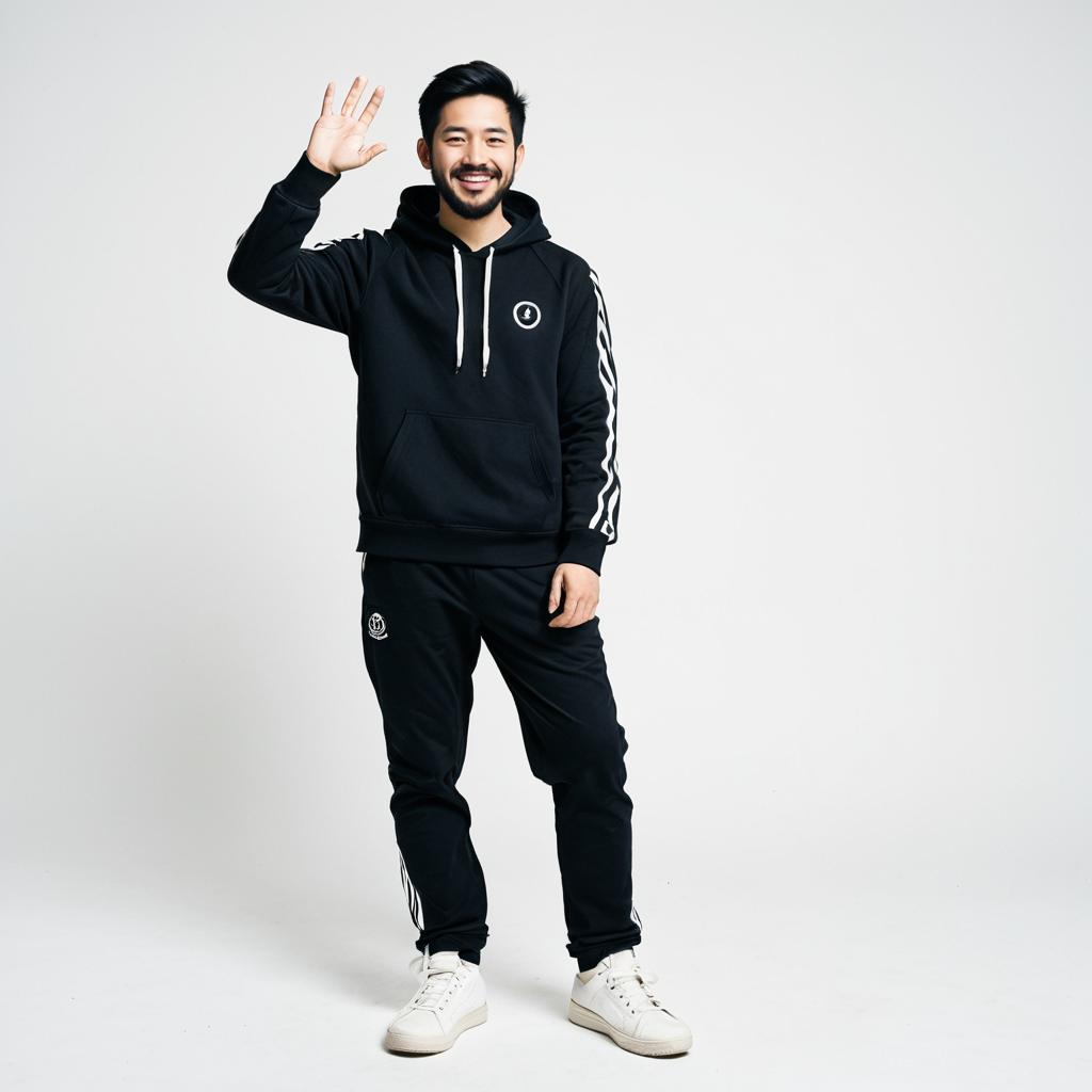 Young Man Waving in Black Sportswear Outfit Casual Pose