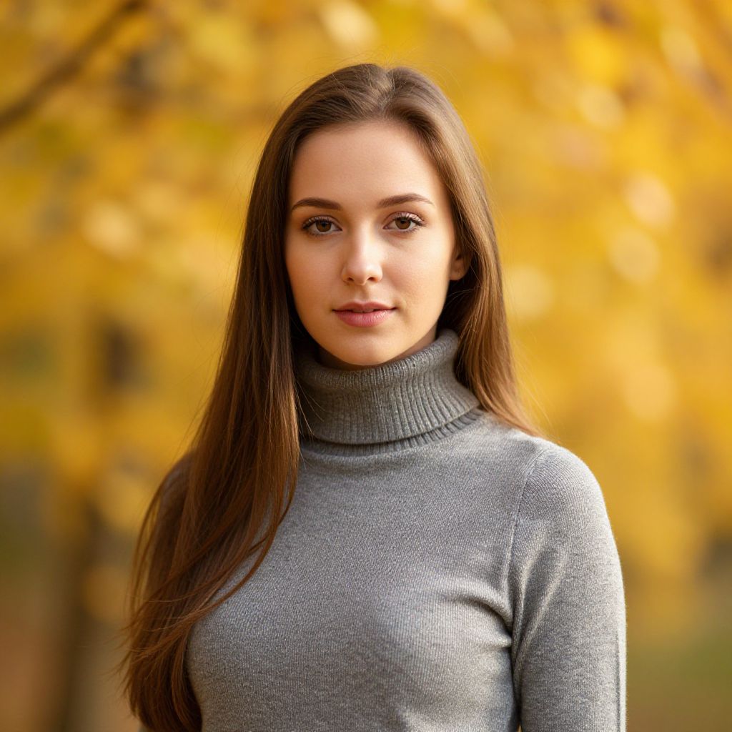 Portrait of Woman in Gray Turtleneck Sweater with Autumn Leaves Background