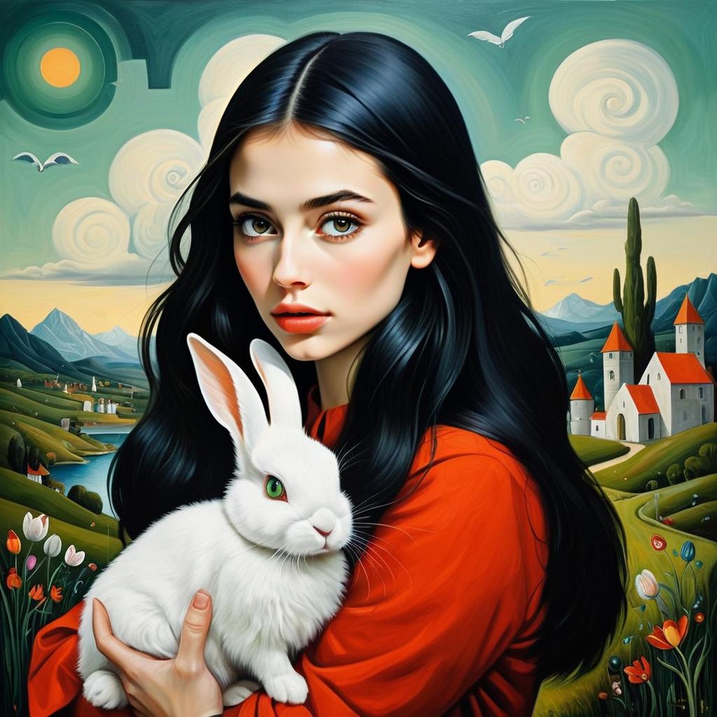 Digital Portrait of a Woman Holding a White Rabbit in Surreal Pastoral Landscape
