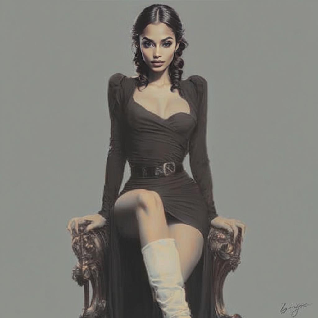 Stylish Woman in Black Dress and White Boots Sitting on Ornate Chair Stylish Woman in Black Dress and White Boots Sitting on Ornate Chair