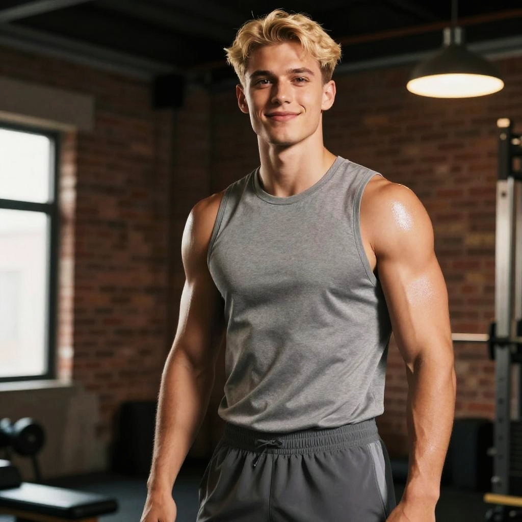 Young Fit Man Working Out in Gym Wearing Grey Sleeveless Shirt