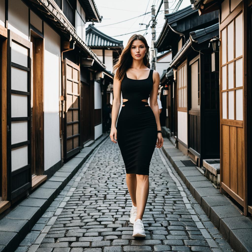 Confident Woman Walking in Black Dress on Traditional Cobblestone Alley
