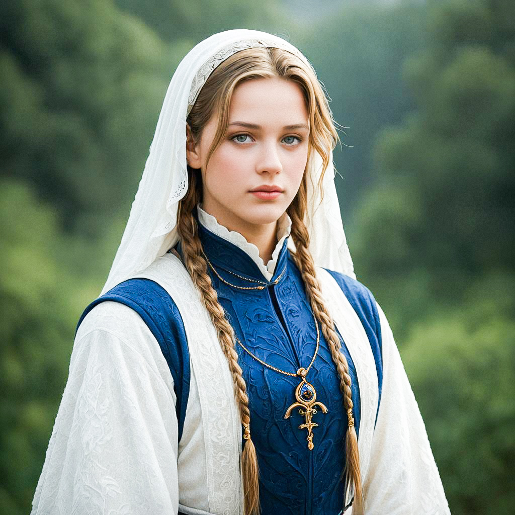 Young Woman in Traditional Attire with Blue Dress and White Headscarf Young Woman in Traditional Attire with Blue Dress and White Headscarf