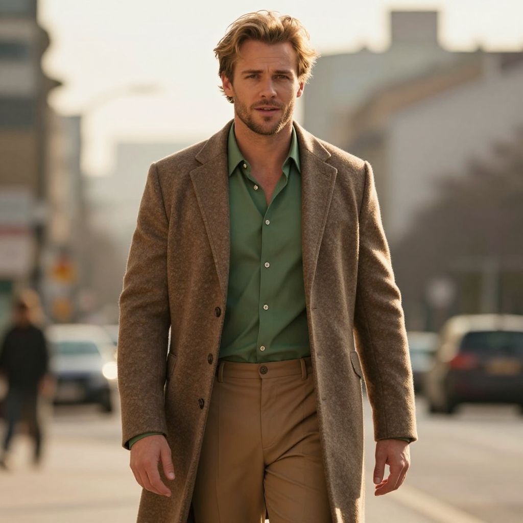 Stylish Man in Brown Coat and Green Shirt Walking in the City
