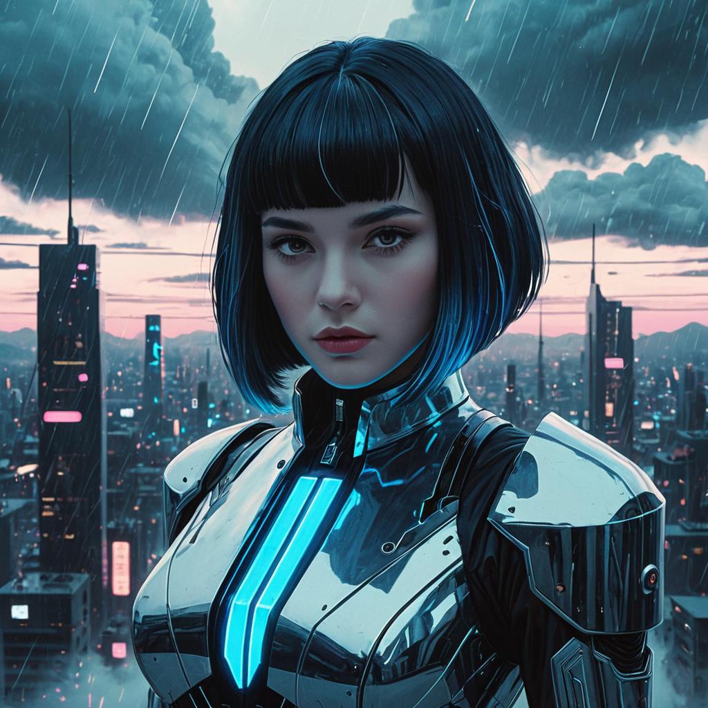 Futuristic Woman in Cyberpunk Armor with Neon Cityscape at Dusk