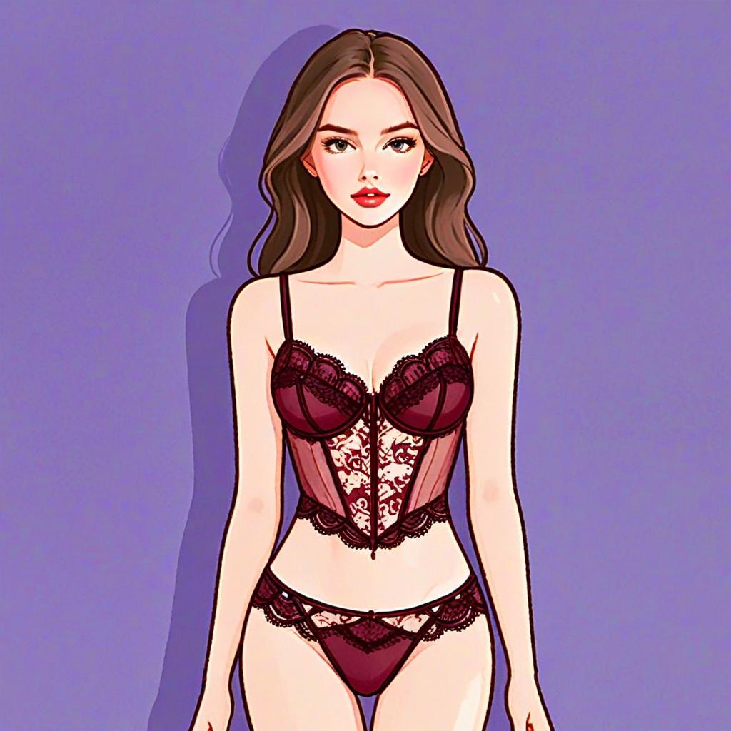 Elegant Woman in Burgundy Lace Bustier and Lingerie Illustration