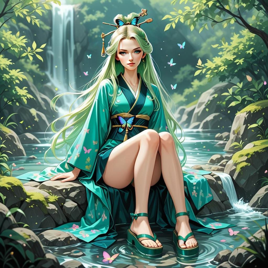 Elegant Woman by Forest Stream with Butterflies