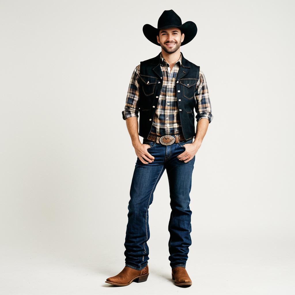 Confident Man in Classic Cowboy Outfit with Black Hat and Denim