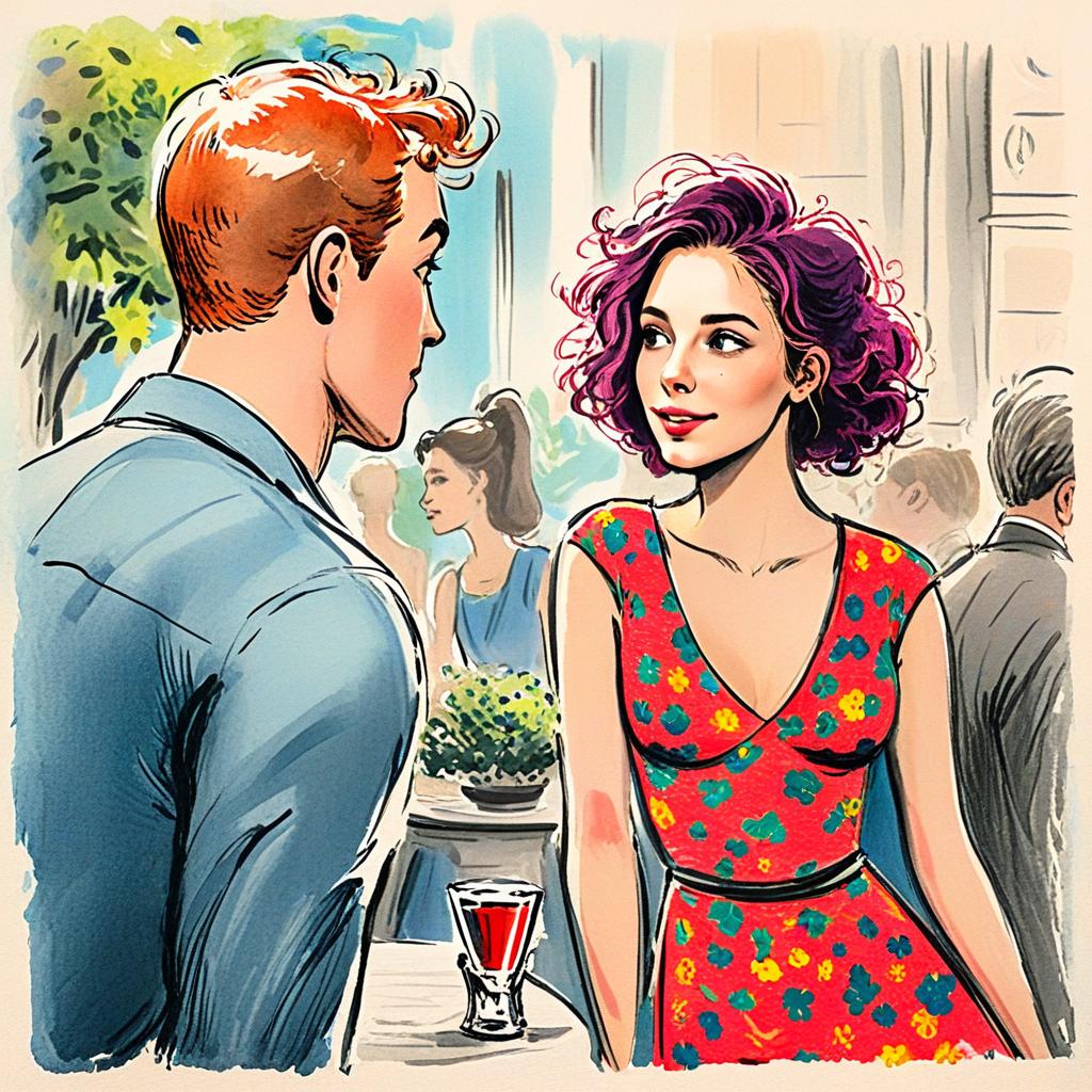 Comic Style Illustration of Man and Woman at Social Gathering